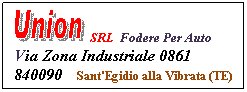 Casella di testo:  SRL  Fodere Per Auto  Via Zona Industriale 0861 840090    Sant'Egidio alla Vibrata (TE)
 
